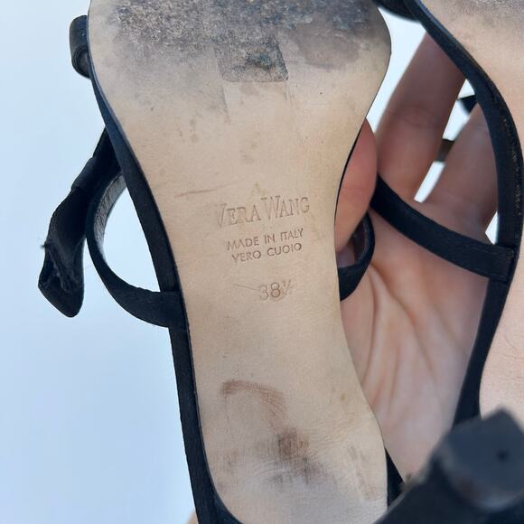Vera Wang Rhinestone Bow Mules Strappy Heels Satin Black Box 38.5 Size 8.5 - Picture 10 of 11